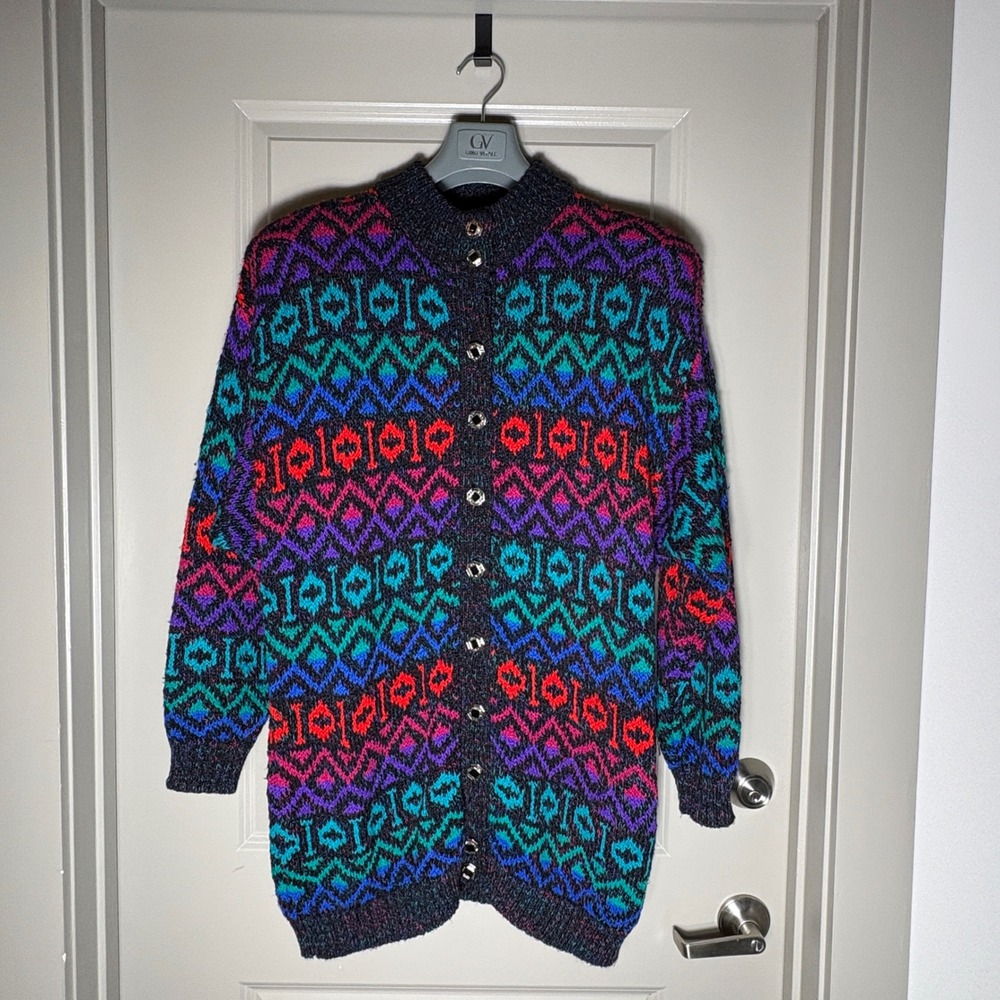Colter Bay Vintage 1990 Geometric Knit Cardigan Sweater Multi Color XL